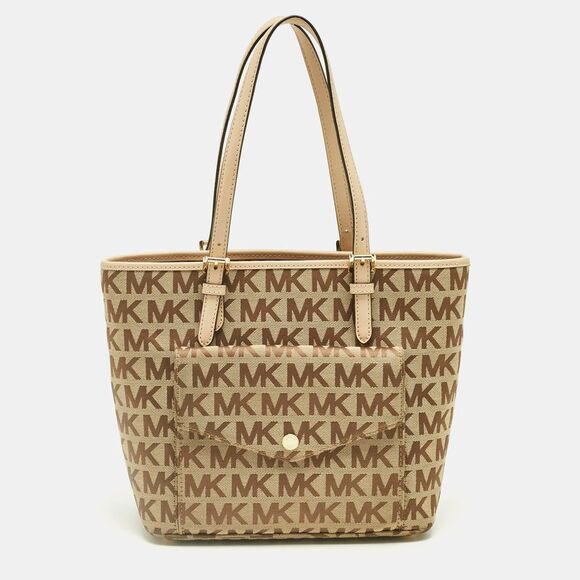 Michael Kors Beige Signature Canvas And Leather Jet Set Pocket Tote